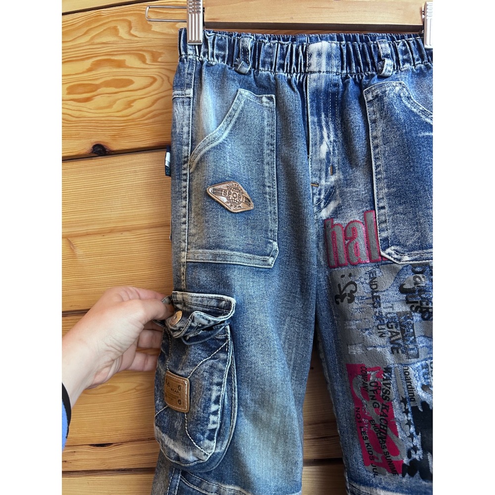 Kids Vintage Distressed Cargo Jeans Designer Graphic Print Elastic Waist 10"x27"